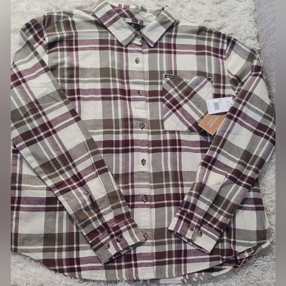 NWT Volcom Women's MED Plaid Shirt - Burgundy, Gray and Cream